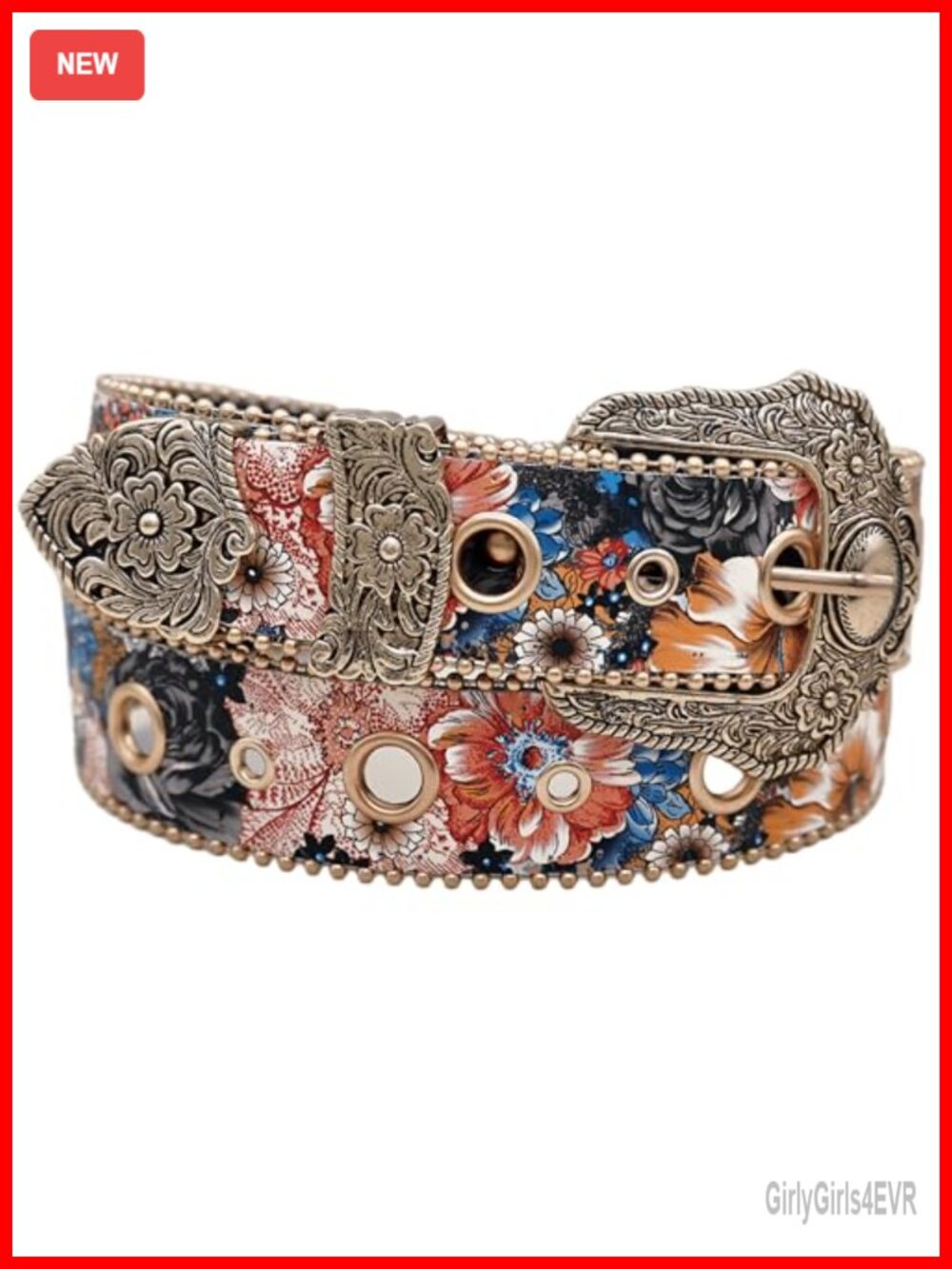 Western Floral Faux Leather Belt Engraved Buckle Adjustable 34-40"